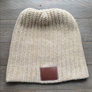 Love Your Melon Cream Knit Beanie with Leather Patch OS